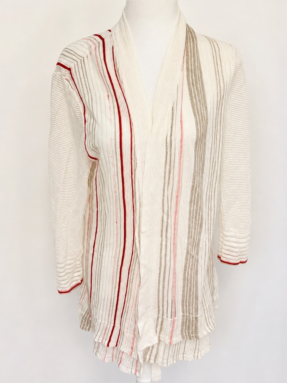 NIC+ZOE GUC Festival Striped Linen Blend Cardigan White Red Medium